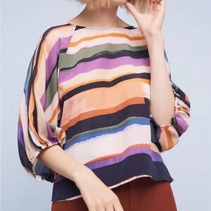 Anthropologie Maeve Silk Kimono Blouse Multi Color Abstract Bohemian Size Small